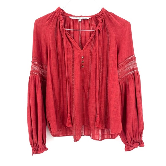 Veronica Beard Kalina Tassel Tie Boho Peasant Blouse Long Sleeve Top Brick Red - Picture 3 of 10